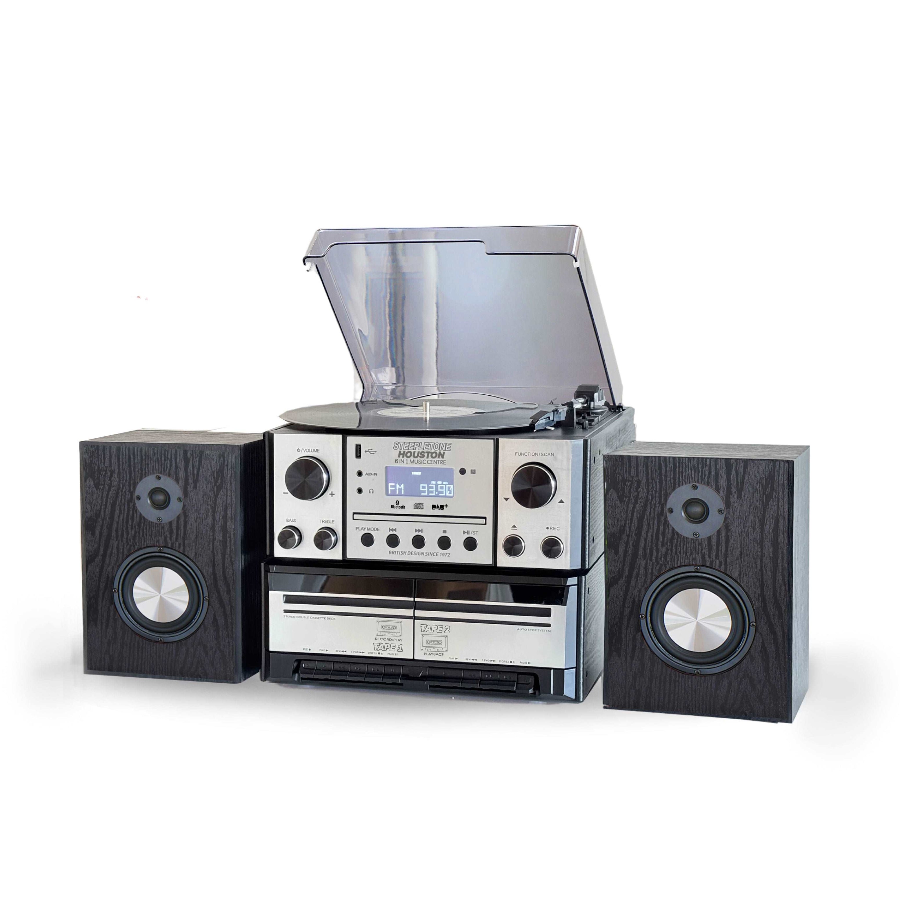 Steepletone HOUSTON 7-in-1 Music system, Turntable, FM & DAB, CD  Bluetooth Speakers, Twin Cassette Decks