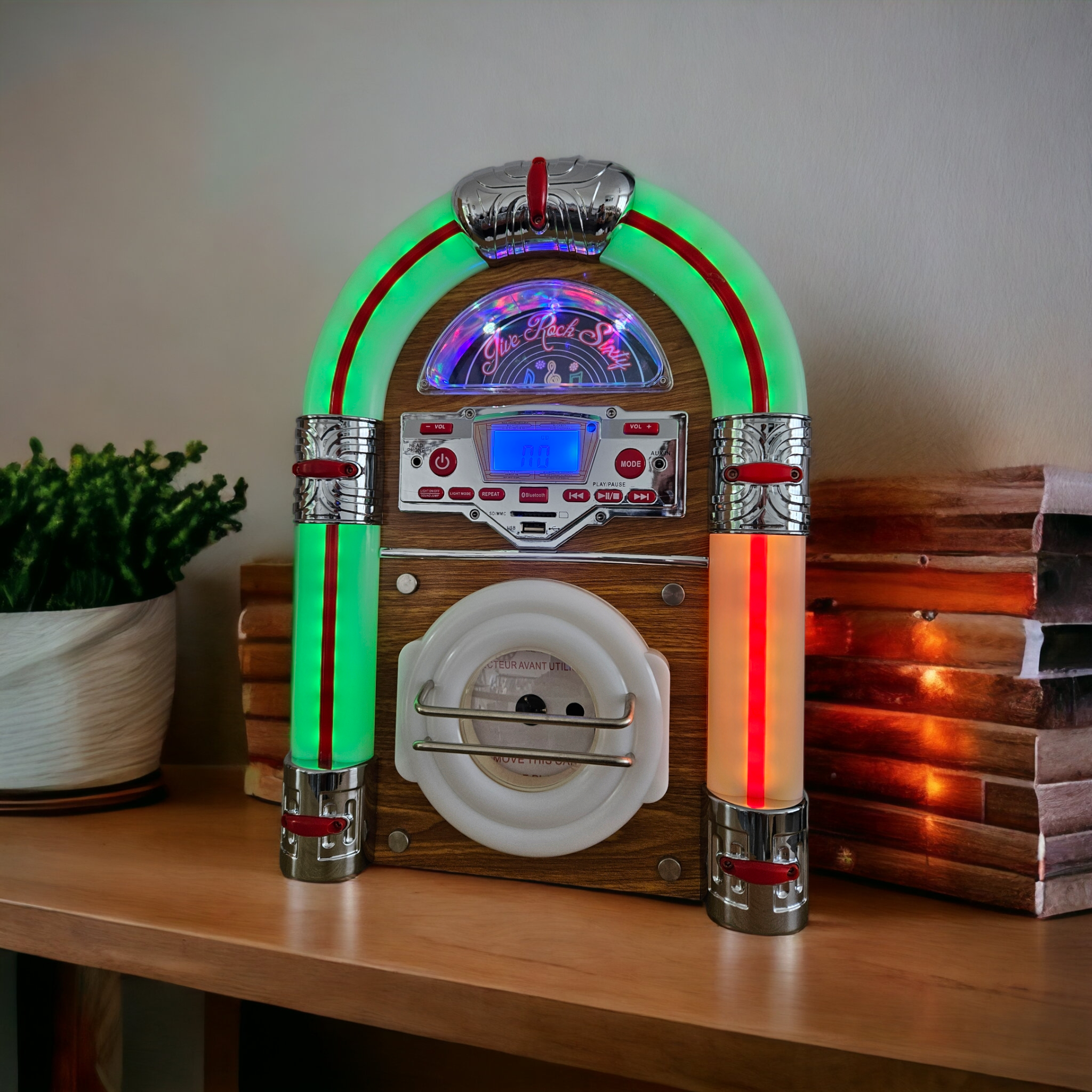 JIVE ROCK 60s Sixtys Retro Table Top Jukebox - CD, Radio, Bluetooth, MP3 - Luces LED que cambian de color