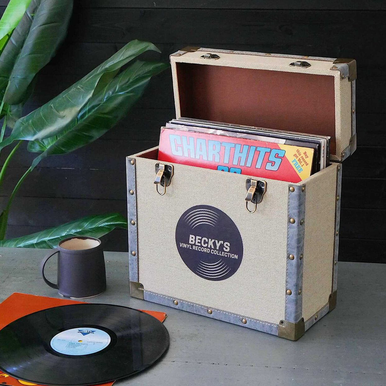 Personalised Music Record Vinyl Storage Box - 12 inch - Cream Cloth - Stores up to 50 records