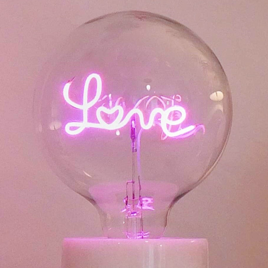 Love Pink LED Light Bulb - Screw Down Table Top Fitting - E27 Edison Dimmable